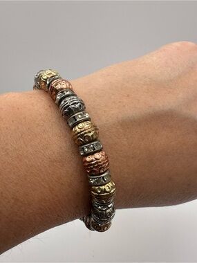 Mixed Metal Stretch Bracelet Silver Gold Copper Tone Rhinestone Beaded Statement
